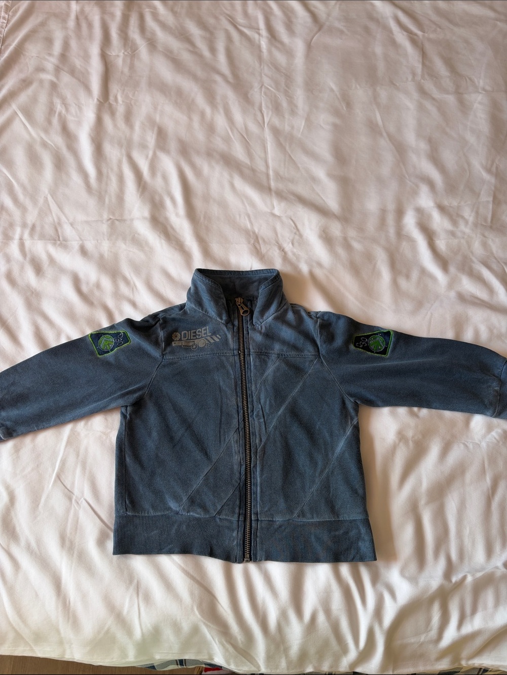 Diesel Boys Dark Blue Zip-Up Jacket with Green Patch Details